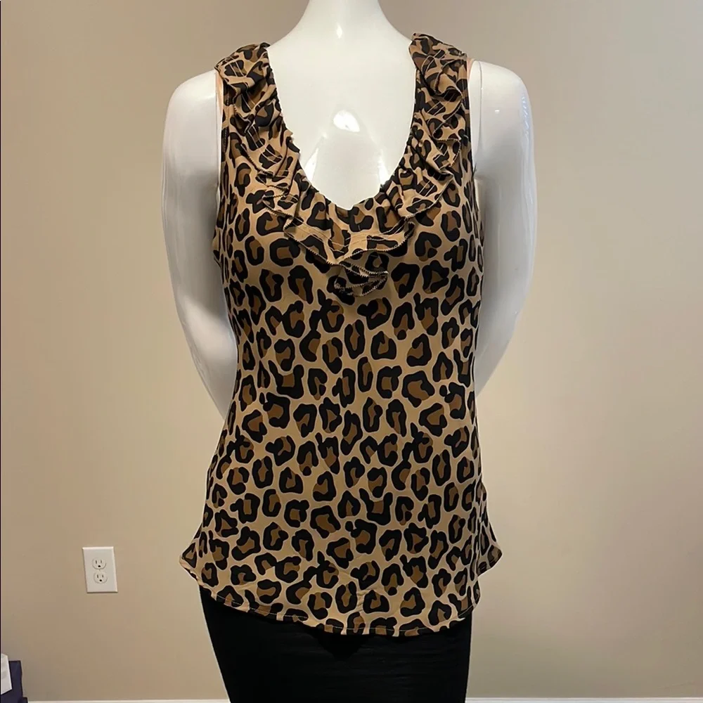 Tory Burch Silk Deep V-Neck Ruffle Trim Black Carmel Tan Animal Print Tank Top S